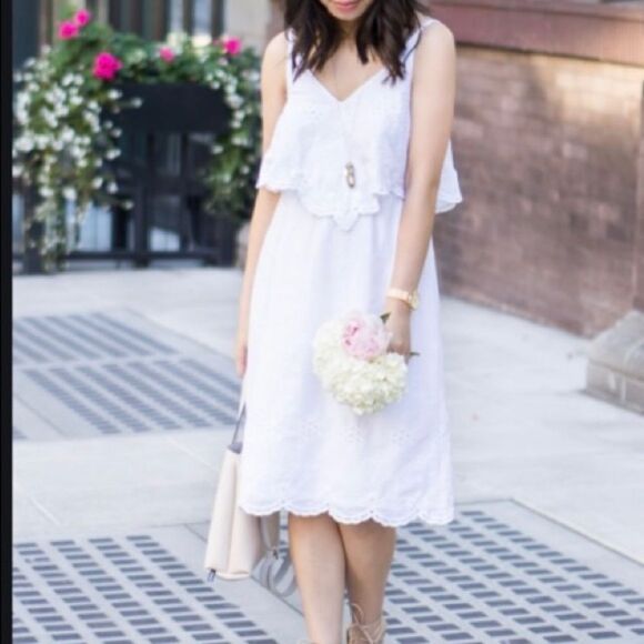 WAYF White Cotton Eyelet Popover V-Neck Dress M - Picture 1 of 13